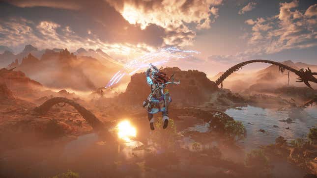 Alloy glides through the world of Horizon at sunset.