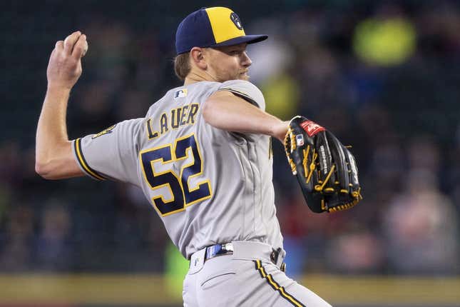 Apr 19, 2023; Seattle, Washington, USA; Milwaukee Brewers starter Eric Lauer (52) delivers a pitch during the fifth inning against the Seattle Mariners at T-Mobile Park.