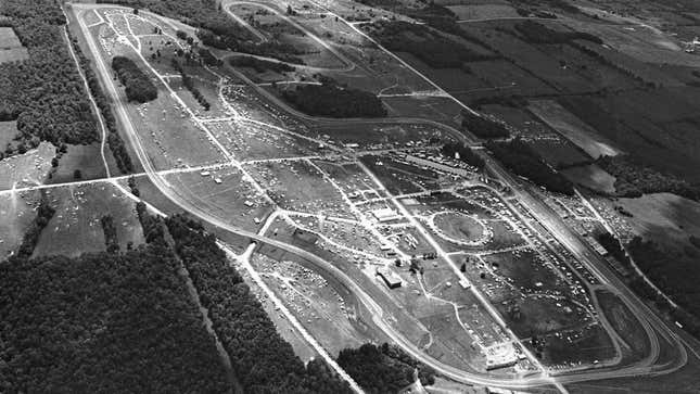 A black and white photo of the track at Watkins Glen. 