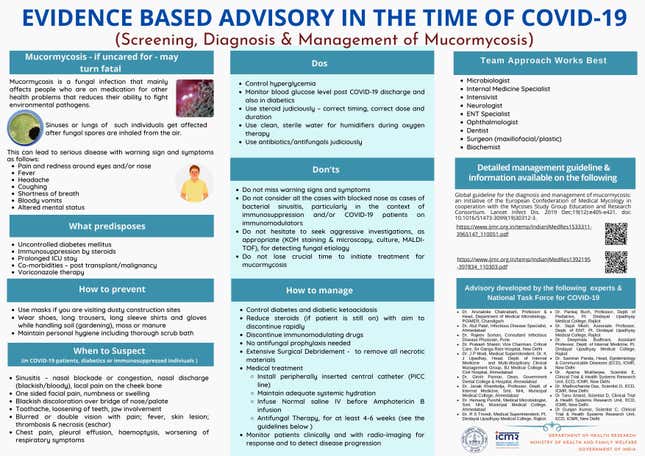 The ICMR's guideline on how to detect and treat mucormycosis or "black fungus."