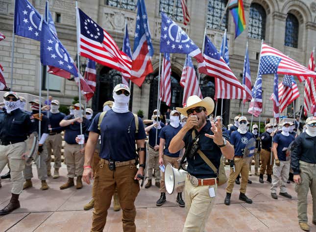 The white supremacist group, The Patriot Front make a speech in front of the BPL as they march thru the city of Boston on July 2, 2022 in , BOSTON, MA.