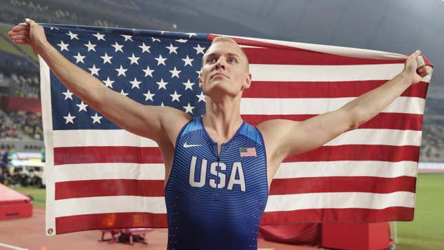 Sam Kendricks celebrates after the the men’s pole vault final at the World Athletics Championships in Doha, Qatar on Oct. 1, 2019. 
