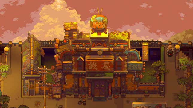 A casino called the money palace cits at the top of a small city, behind it the white clouds tower quietly in a red sky. Sam sits in the upper right of the frame, approaching the building from a nearby staircase.