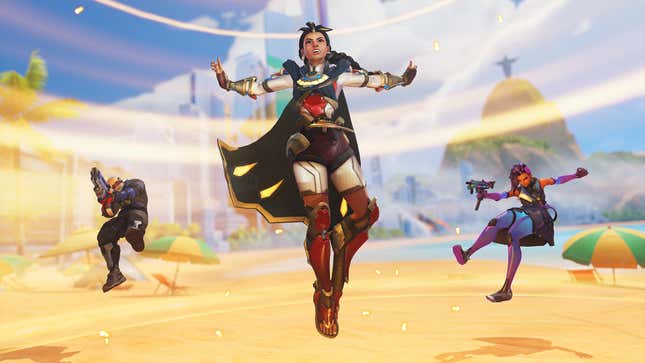 Ilari uses her Outburst movement ability, with Soldier: 76 and Sombra in the background.
