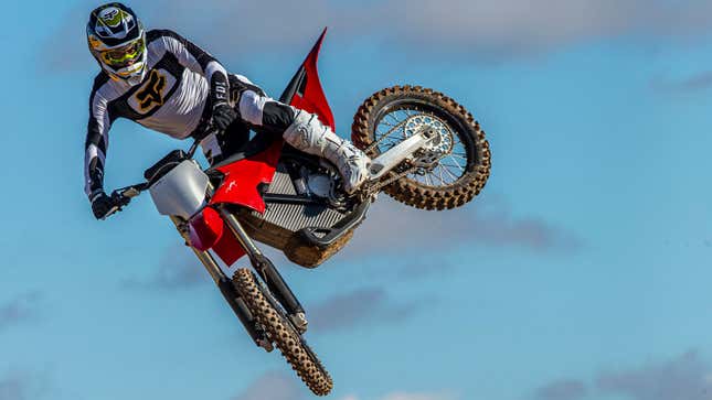 A rider jumps with the Stark Varg motocross bike