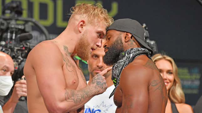 Jake Paul and Tyron Woodley face off during the weigh-in event at the State Theater prior to their August 29 fight on August 28, 2021, in Cleveland, Ohio.