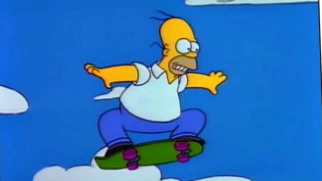 A screenshot of The Simpsons shows Homer jumping through the air on a skateboard. 
