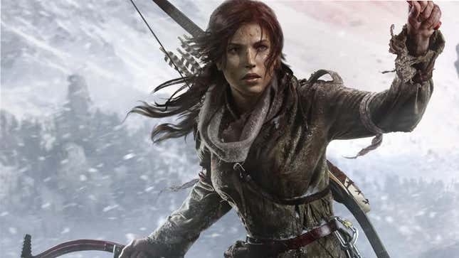 Lara Croft uses a flare to explore through a snowy blizzard. 