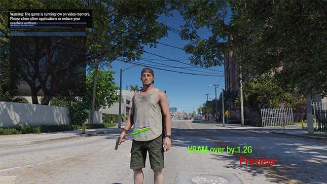 This leaked screenshot, reportedly of Grand Theft Auto VI, shows one of the game’s main playable characters walking down a street, armed with a handgun. The coloured text and warning messages suggest this is an in-development screenshot. 