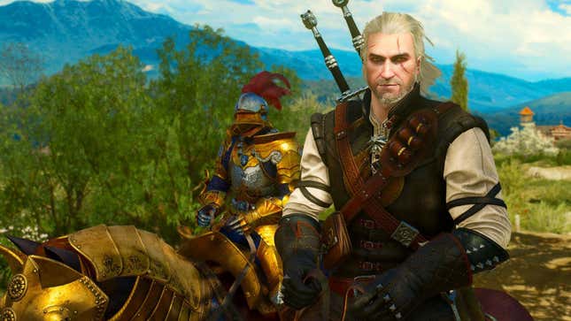 The Witcher 3's Geralt travels through the Blood and Wine expansion on horseback. 