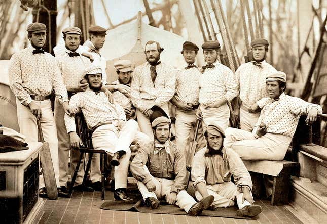 The first English cricket team to tour overseas, on board a ship to North America in 1859.