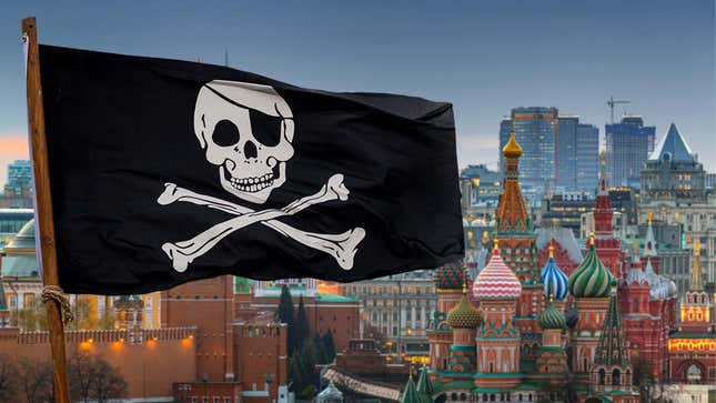 A photo of Moscow and its various buildings, with a black pirate flag waving in front of the city.