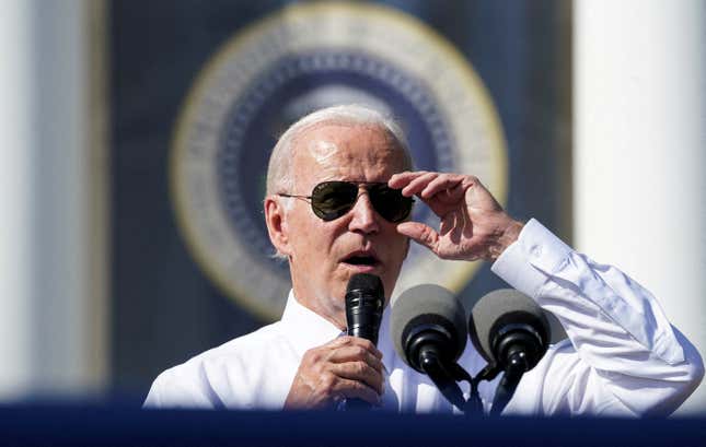 U.S. President Joe Biden delivers remarks as he celebrates the enactment of the "Inflation Reduction Act of 2022," which Biden signed into law in August, on the South Lawn at the White House in Washington, U.S., September 13, 2022. 