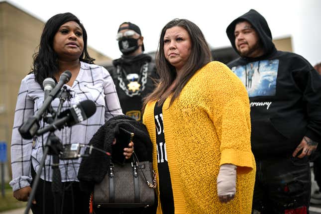 Katie Wright, center, stands beside activist Toshira Garraway and her son, Damik Bryant, during a news conference Thursday, May 5, 2022 outside the Brooklyn Center Police Station in Brooklyn Center, Minn. Katie Wright, the mother of Daunte Wright, said she was injured while she was briefly detained by one of the same department’s officers after she stopped to record an arrest of a person during a traffic stop. 
