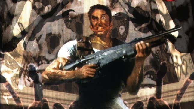 Art shows Resident Evil's Chris Redfield hold up a gun as zombies descend. 