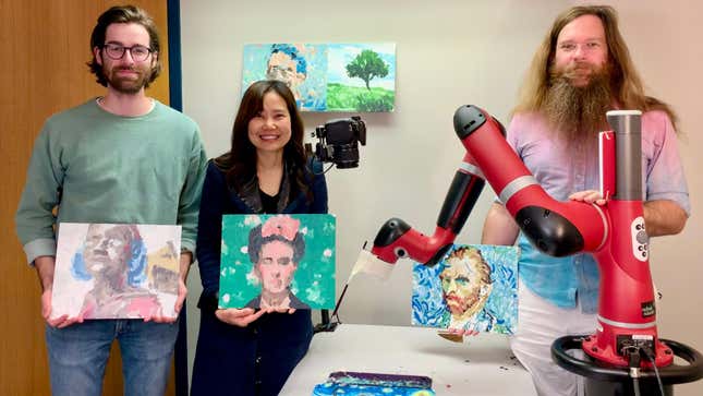 The FRIDA team, from left: Peter Schaldenbrand, Ph.D. student; Jean Oh, associate research professor, and Jim McCann, assistant professor