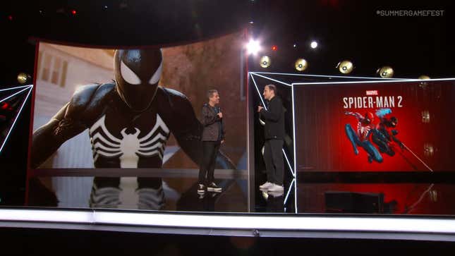 Summer Game Fest shows the box art for Spider-Man 2 on stage. 