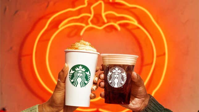 2021 Starbucks promo photos for the Pumpkin Spice Latte and Pumpkin Cream Cold Brew