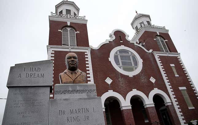 A bust of Dr. Martin Luther King is displayed in front of the Brown Chapel AME Church on March 5, 2015, in Selma, Alabama. 