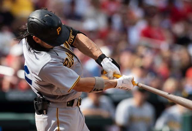 Apr 15, 2023; St. Louis, Missouri, USA; Pittsburgh Pirates right fielder Connor Joe (2) makes contact with the ball in the 10th inning at Busch Stadium.