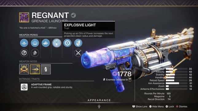 A screen displays the stats for a god roll Regnant. 