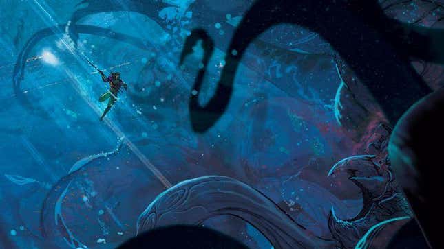 Illustration of Aquaman preparing to fight a multi-tentacled sea monster. 