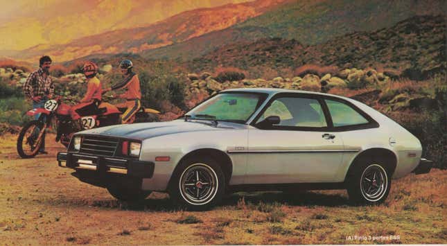 A 1979 Ford Pinto parked in a ravine with two motorcycle riders behind it having a conversation with another man. Image is from a 1978 Ford Brochure about the Pinto