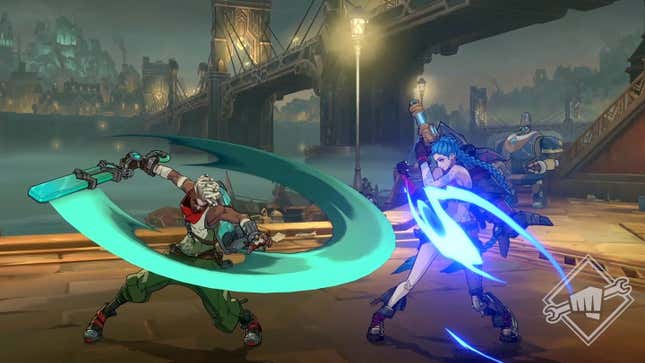 A screenshot of two characters fighting as seen in the League fighting game. 