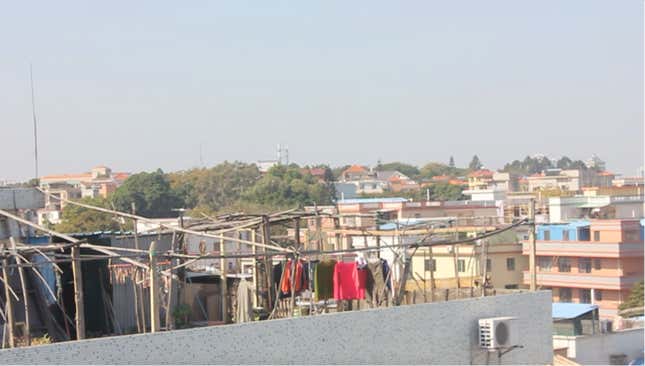 Laundry hangs on the rooftops in Ziyi’s neighborhood.