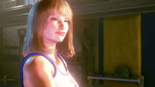 A Street Fighter character made to look like Taylor Swift is seen giving a handshake.