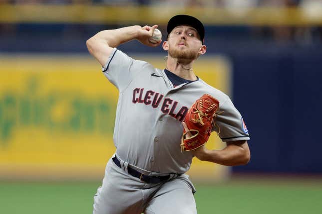 Aug 13, 2023; St. Petersburg, Florida, USA;  Cleveland Guardians starting pitcher Tanner Bibee (61) throws a pitch against the Tampa Bay Rays in the first inning at Tropicana Field.