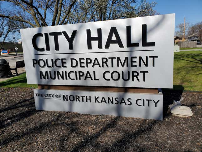 North Kansas City, Missouri, USA - April 16, 2022: Sign for CITY HALL, including Police Department and Municipal Court