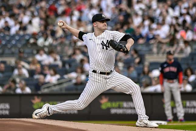 Jun 11, 2023; Bronx, New York, USA; New York Yankees starting pitcher Clark Schmidt (36) in the first inning against the Boston Red Sox at Yankee Stadium.