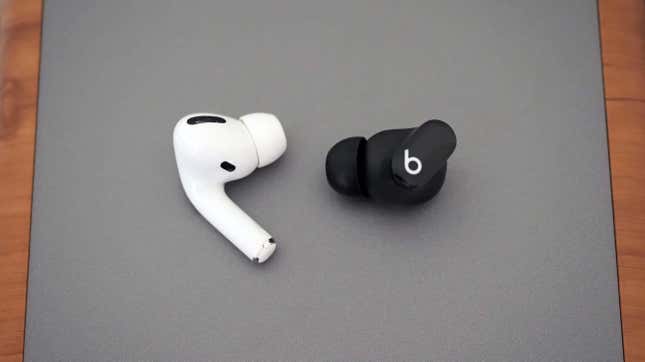 The Beats Studio Buds (right) have a more subtle design and more comfortable fit than AirPods Pro (left).