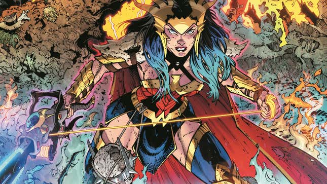 Wonder Woman wielding a chainsaw, a traditional Themysciran weapon.