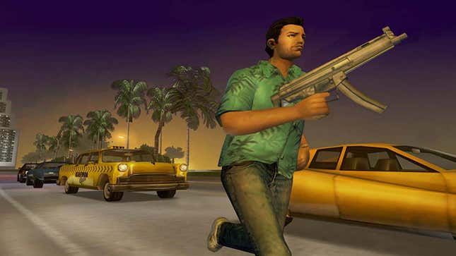 A screenshot reveals a man running near vehicles with a weapon in Vice City. 