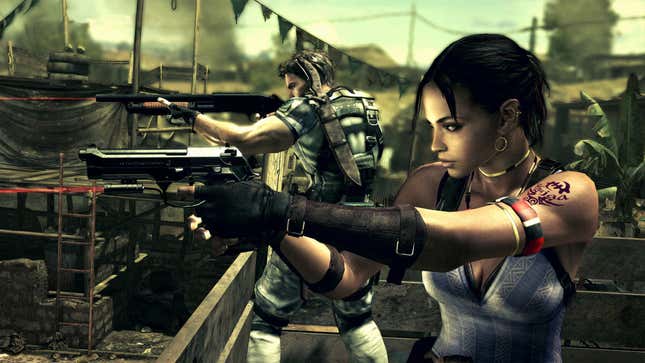 Sheva and Chris aiming guns as seen in Resident Evil 5. 