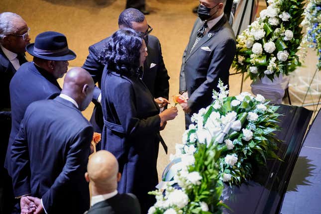 RowVaughn Wells stops in front of the casket of her son Tyre Nichols at the start of his funeral service at Mississippi Boulevard Christian Church in Memphis, Tenn., on Wednesday, Feb. 1, 2023.