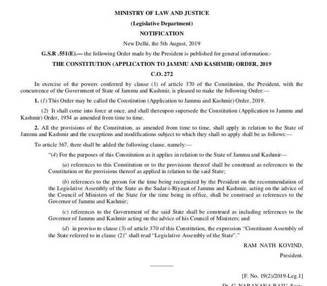 J&K notification signed by president Ram Nath Kovind.