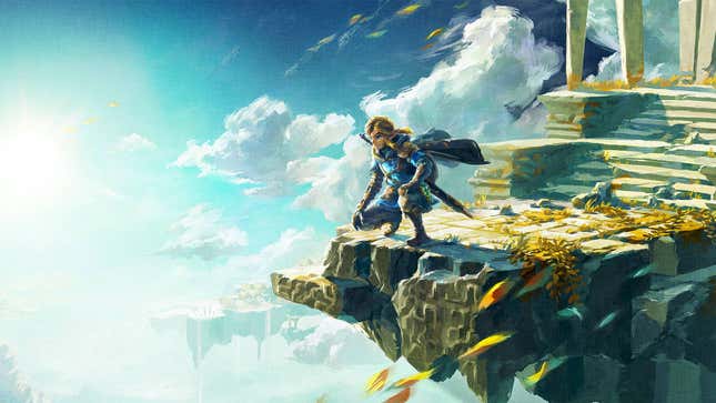 Link looks down from a sky temple.