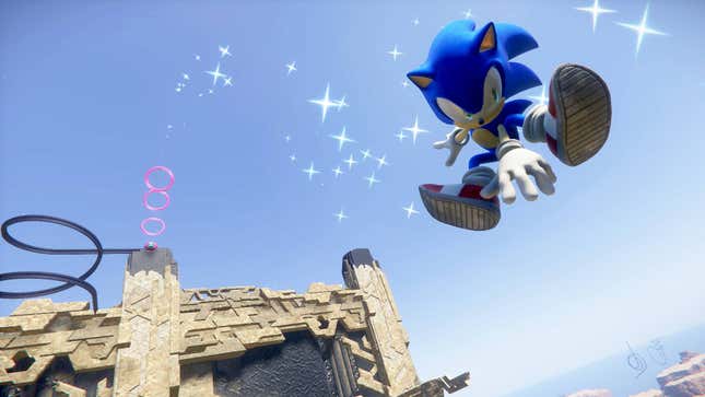 Sonic dashes off a platform.