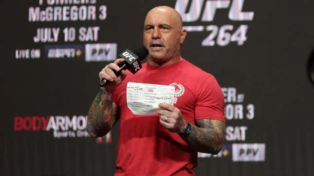 Joe Rogan announces the fighters during a ceremonial weigh in for UFC 264 at T-Mobile Arena on July 09, 2021 in Las Vegas, Nevada. 