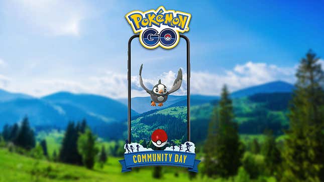 Starly hovers inside the POGO Community Day frame, against a background of trees, hills, and sky.
