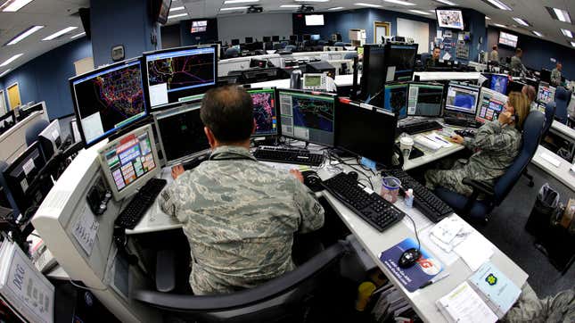 Air National Guard soldiers monitor computer screens at the Western Air Defense Sector at Joint Base Lewis-McChord in Washington state.