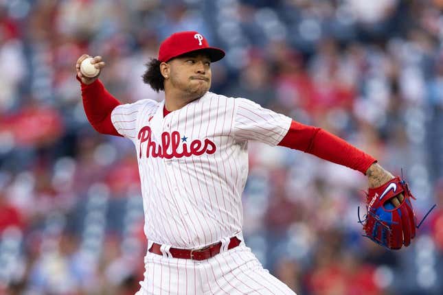 Jun 6, 2023; Philadelphia, Pennsylvania, USA; Philadelphia Phillies starting pitcher Taijuan Walker (99) throws a pitch during the first inning against the Detroit Tigers at Citizens Bank Park.