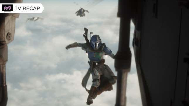 An unnamed Mandalorian lands on a drop ship in one of the only non-spoiler images released for the finale. 