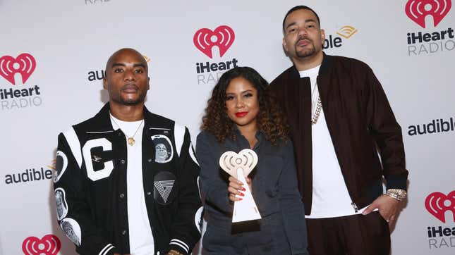 Charlamagne tha God, left, Angela Yee, and DJ Envy, win the Best Pop Culture Podcast award for ‘The Breakfast Club,’ at the 2020 iHeartRadio Podcast Awards on January 17, 2020 in Burbank, California. 