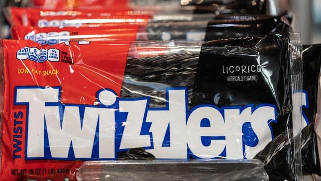 Bag of black licorice Twizzlers at store