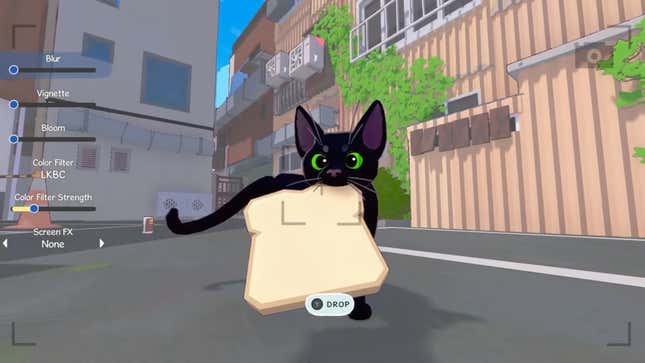 A cat has a piece of bread in its mouth.