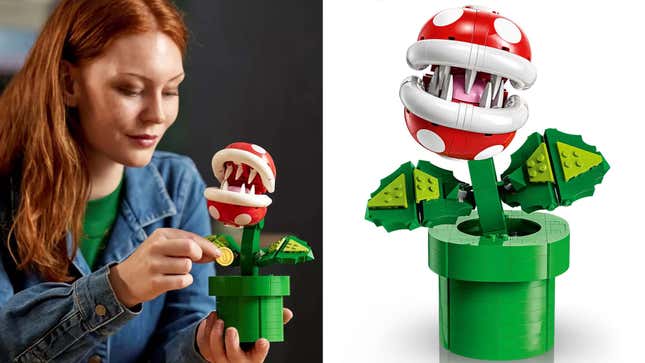 An image shows a woman playing with the new Mario set and a close up of the plant. 